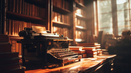 A vintage typewriter rests on a wooden desk, surrounded by shelves filled with books. Soft sunlight filters through a nearby window, creating a warm and inviting atmosphere perfect for creativity and study.の素材