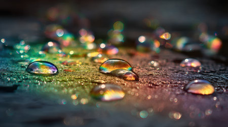 Close-up of raindrops resting on a colorful surface showcasing vibrant reflections and stunning light play, perfect for nature enthusiasts.の素材