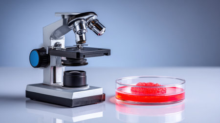 A detailed image showcasing a laboratory microscope alongside a Petri dish filled with red gelatin, highlighting the precision and technology of scientific research.の素材