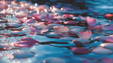 A serene image capturing colorful flower petals gently floating on the water's surface, illuminated by soft light, creating a tranquil scene.の素材