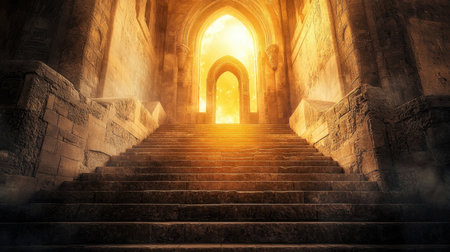 This stunning image features an ancient staircase leading to a glowing doorway, surrounded by magnificent stone architecture that evokes a sense of mystery and wonder.の素材