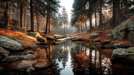 This captivating autumn landscape features a tranquil forest scene with vibrant foliage reflecting in calm water, creating a serene atmosphere.の素材