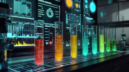 Stunning visualization of colorful liquids in test tubes on a laboratory bench, showcasing modern technology and scientific data analysis with a futuristic touch.の素材