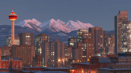 A breathtaking view of Calgary's skyline at dusk, framed by majestic snowy mountains, offering a serene winter evening atmosphere.の素材