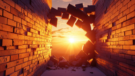A captivating scene of a wall breaking apart, with a stunning sunset illuminating the sky. This image symbolizes hope, freedom, and change.の素材