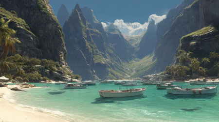 Explore a stunning tropical cove featuring serene waters, boats resting peacefully, and majestic mountains soaring under a clear blue sky.の素材