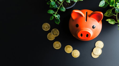 A vibrant piggy bank surrounded by scattered coins creates a compelling visual of savings and finance, perfect for illustrating financial growth and education concepts.の素材