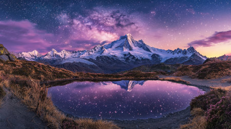 A breathtaking view of towering mountains reflects in a tranquil lake at twilight, surrounded by vibrant hues and a starry sky, creating a serene escape.の素材