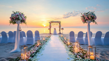 A stunning beach wedding setup featuring floral arrangements and glowing lanterns along a sandy path, with a vibrant sunset view. Perfect for romantic themes.の素材