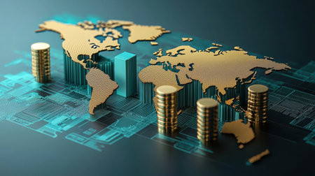 A visually striking representation of the global economy, featuring golden coins, a bar graph, and a digital world map. This image illustrates investment and financial growth concepts in a modern context.の素材