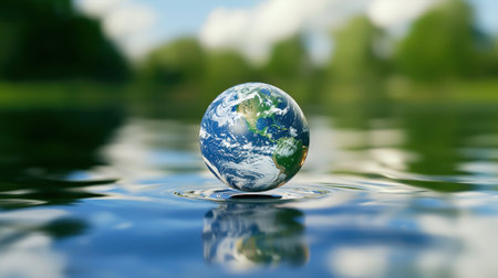A captivating image of a globe floating serenely on water, showcasing beautiful reflections and surrounded by lush greenery, representing nature and harmony.の素材