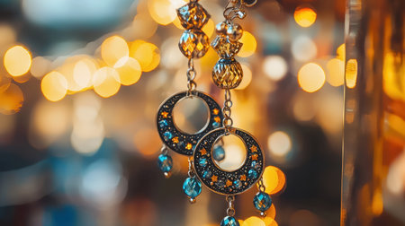 Stunning close-up of ornate earrings featuring blue and orange accents, set against a blurred, colorful background. Perfect for showcasing elegance and style.の素材
