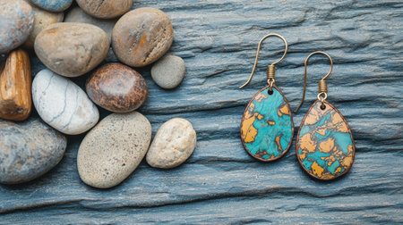 Vibrant teardrop earrings rest on a bed of smooth pebbles, showcasing their unique design and colors. Perfect for jewelry enthusiasts or fashion lovers.の素材