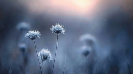 Botanical macro photography of budding scabious with gentle bokeh and elegant tones.の素材