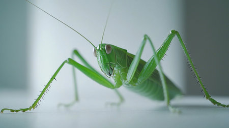 Close-up of green grasshopper isolated on white, clean macro style for minimalist design.の素材