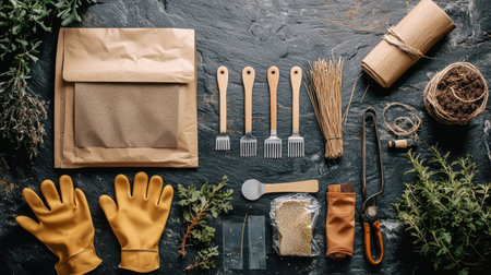 A flat lay of essential gardening tools and supplies including gloves, trowels, pots, and soil, ideal for outdoor plant enthusiasts and hobbyists.の素材