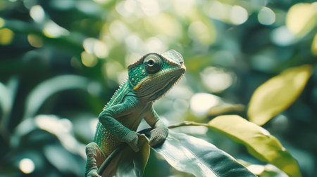 Colorful chameleon in jungle background, close-up focus on vibrant skin texture.の素材