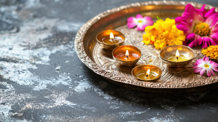 A beautifully arranged decorative tray featuring glowing oil lamps and vibrant flowers creates a serene and festive atmosphere, perfect for celebrations and home decor.の素材