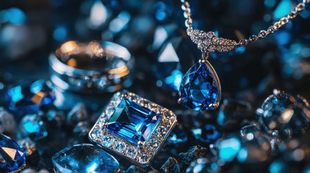 This captivating image showcases elegant blue gemstone jewelry among sparkling stones. The intricate details of the pendant and ring highlight luxury and beauty, perfect for any sophisticated collection.の素材
