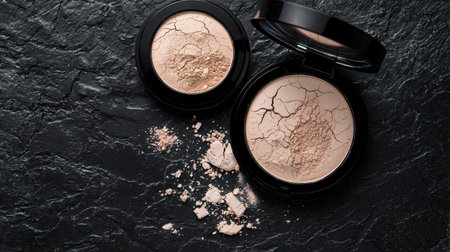 Compact powder and loose mineral powder in low light scene, elegant beauty product setup.の素材