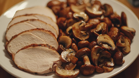 Close-up of sliced turkey and mushroom mix on clean white plate, elegant gourmet vibe.の素材
