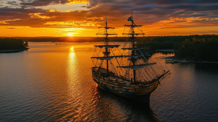 Coastal drone photography of pirate ship against vivid orange sunset, cinematic nautical shot.の素材