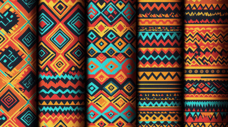 Colorful tribal patterns celebrating Indigenous People's Day with cultural symbols.の素材