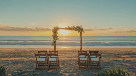 A serene beach wedding setup featuring a rustic wooden arch adorned with flowers, surrounded by elegant chairs facing the ocean at sunset.の素材