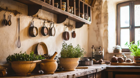 A rustic kitchen scene featuring fresh herbs in earthenware pots, wooden shelves filled with jars, and warm natural light creating an inviting atmosphere.の素材