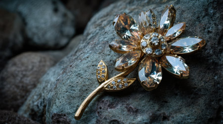A stunning golden flower brooch adorned with sparkling gemstones rests on a textured stone surface, perfect for capturing elegance and style.の素材