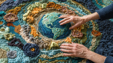 A close-up view of hands exploring a beautifully crafted rug featuring an Earth design, showcasing vibrant colors and intricate textures.の素材