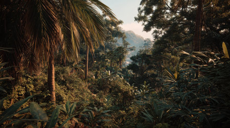 A stunning jungle landscape showcasing dense foliage and sunlight filtering through lush trees, creating a tranquil atmosphere in a tropical paradise.の素材