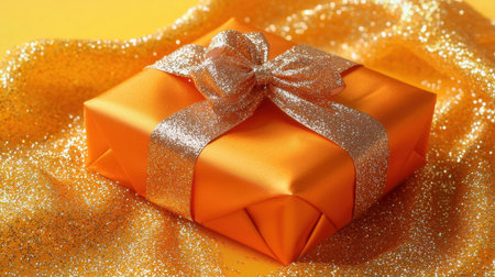 A bright orange gift box adorned with a shimmering gold ribbon sits atop a glittering golden background, perfect for special occasions and festivities.の素材