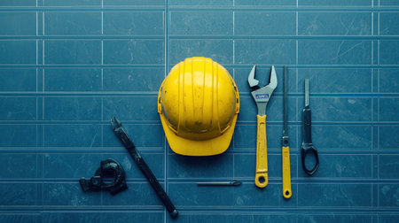 A yellow hard hat is accompanied by various essential tools including a wrench, screwdriver, and measuring tape, set against a dark surface, perfect for construction and safety themes.の素材