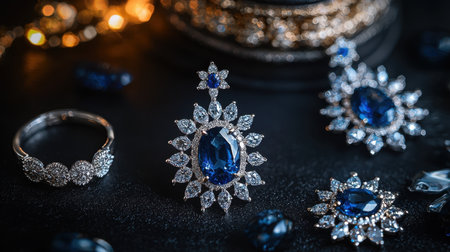 Discover the elegance of this sapphire jewelry set featuring stunning diamonds, ideal for special occasions or as a beautiful gift. Perfect for fashion enthusiasts.の素材