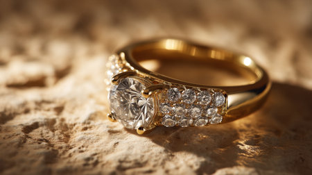 Stunning gold ring features a brilliant diamond centerpiece surrounded by smaller sparkling stones, elegantly displayed on a textured surface.の素材