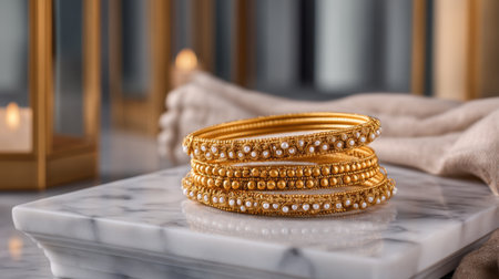 A stunning arrangement of elegant gold bangles featuring intricate designs and pearl details, displayed on a marble surface, creating a luxurious visual.の素材