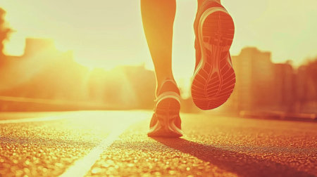 Close shot of runner's legs and shoes on track at dawn, vibrant fitness lifestyle scene.の素材