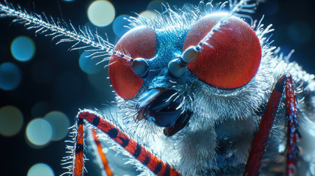 A stunning close-up image of an insect showcasing vibrant red eyes and intricate textures. This detailed view highlights the biological beauty and complexity of nature.の素材
