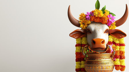 Charming 3D bull with festive headgear carrying Pongal pot, isolated on white background.の素材