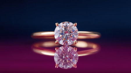 This elegant rose gold engagement ring showcases a stunning diamond resting on a reflective surface, symbolizing love and luxury. Perfect for proposals.の素材