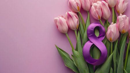 A stunning arrangement of pink tulips with a vibrant purple number eight, set against a soft pink background, perfect for celebrations and special occasions.の素材