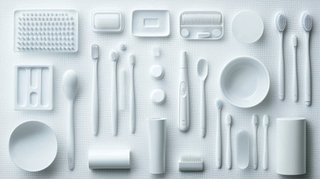Clean white background flat lay with toothbrush holder and subtle shadows, modern product design.の素材