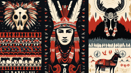 Colorful tribal patterns celebrating Indigenous People's Day with cultural symbols.の素材
