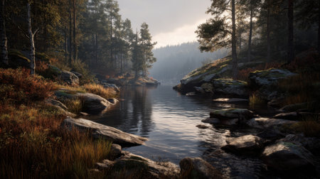 This tranquil scene captures the serene reflection of trees and rocks along a calm river, enveloped in the peaceful beauty of nature.の素材