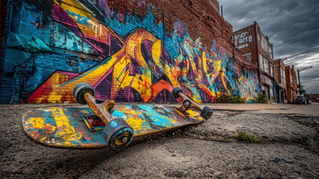 A striking skateboard rests on the textured pavement in front of a bold graffiti wall, capturing the essence of urban culture under a cloudy sky.の素材