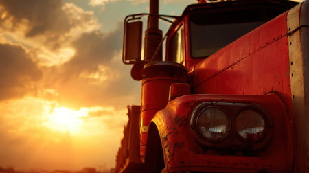 This stunning image presents a rustic red truck silhouetted against a breathtaking sunset, capturing vibrant colors and intricate details ideal for artful projects.の素材