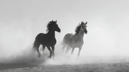 Two stunning horses gallop through a misty environment, exhibiting elegance and energy. The black and white composition emphasizes the beauty and power of these magnificent creatures.の素材