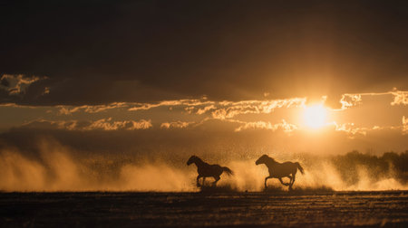 Two majestic horses gallop across an open landscape at sunset, creating stunning silhouettes against a backdrop of dramatic clouds and golden hues.の素材