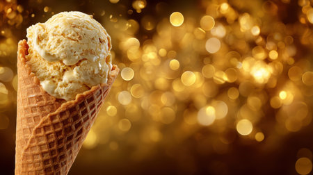 A mouthwatering vanilla ice cream cone set against a shimmering golden bokeh background, ideal for evoking summer vibes and capturing the essence of dessert indulgence.の素材